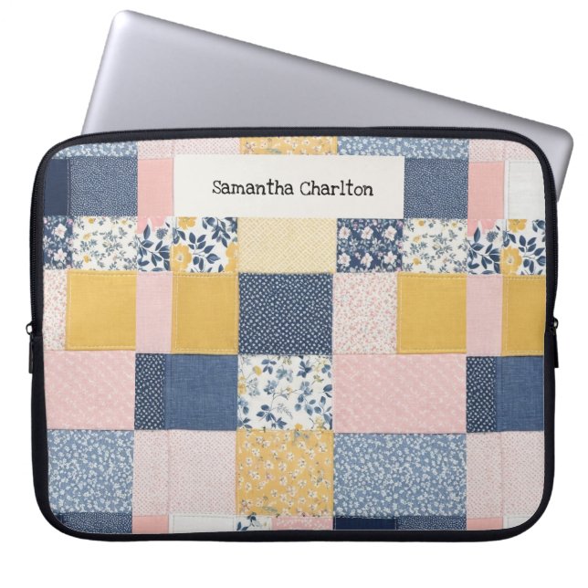 Patchwork Floral Personalised Rustic Flowers Laptop Sleeve (Front)