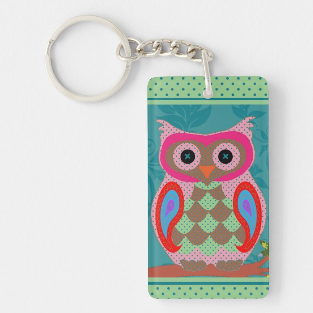 Patchwork Folk Art Owl and Dots Key Ring (Front)