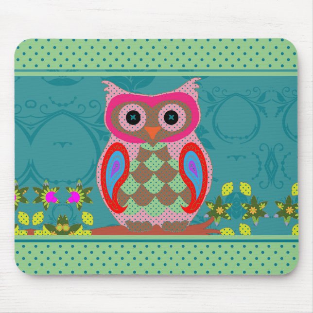 Patchwork Folk Art Owl and Dots Mouse Mat (Front)