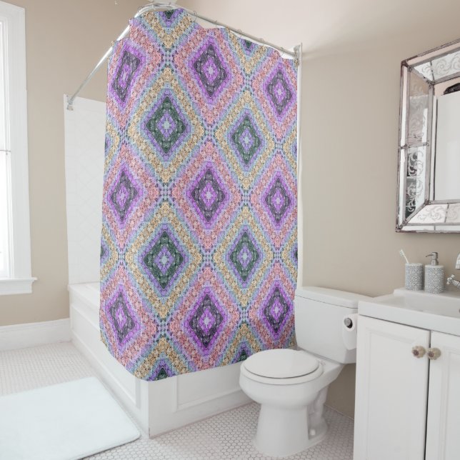 Patchwork folk retro ornamental decor violet grey shower curtain (In Situ)