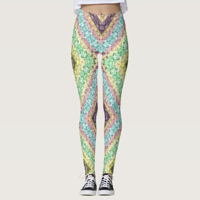 Patchwork folk retro ornamental decor yellow brigh leggings (Front)