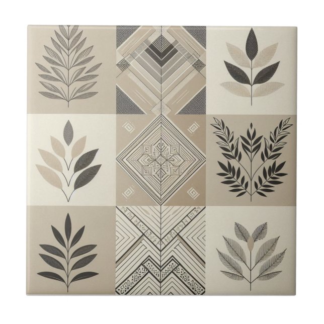 Patchwork Geometric Oatmeal Vintage Leaf Tile (Front)