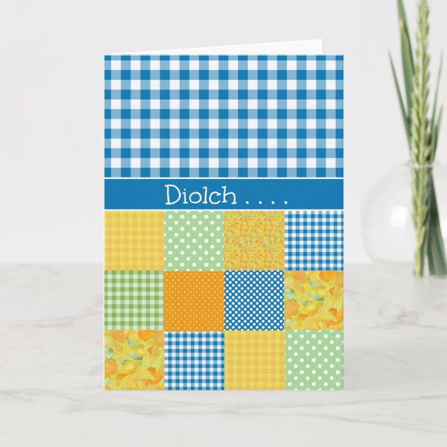 Patchwork, Gingham Thank You Card: Welsh Greeting (Front)