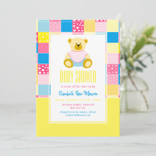Patchwork Gold Bear, Baby Shower Invitation