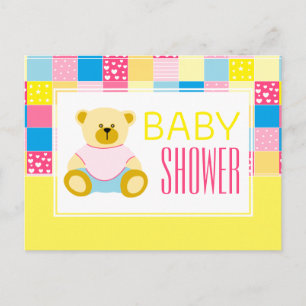 Patchwork Gold Bear, Baby Shower Invitation