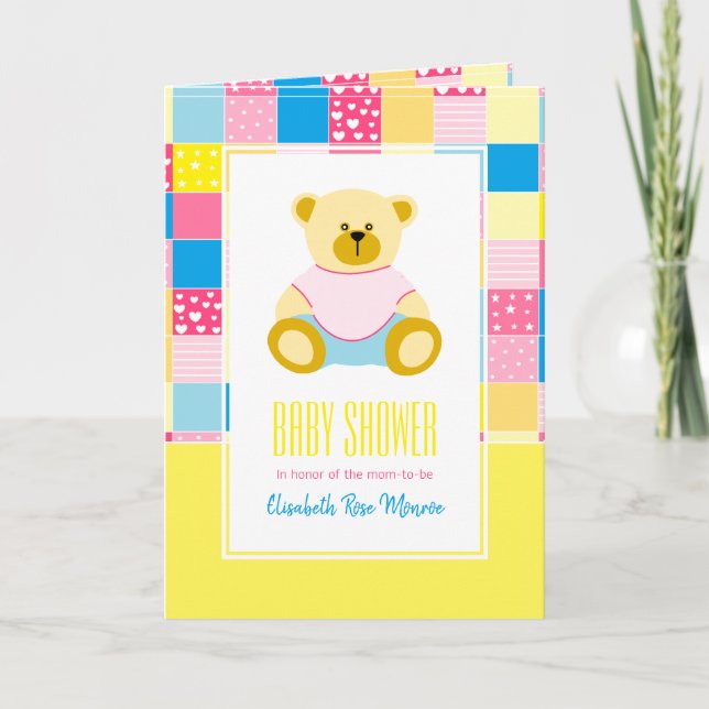 Patchwork Gold Bear, Baby Shower Invitation (Front)