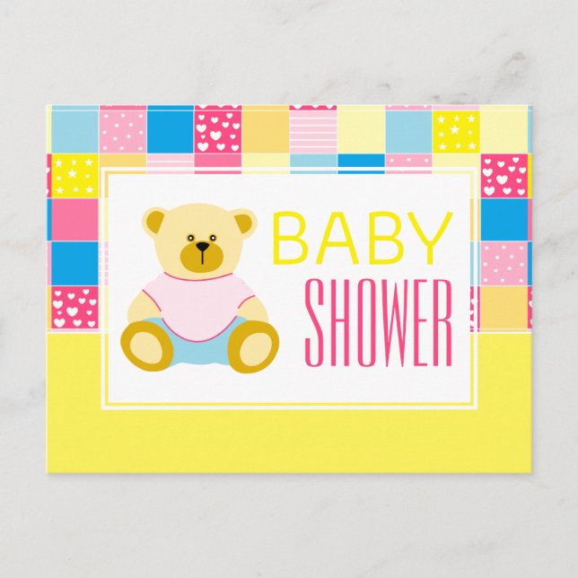 Patchwork Gold Bear, Baby Shower Invitation Postcard (Front)