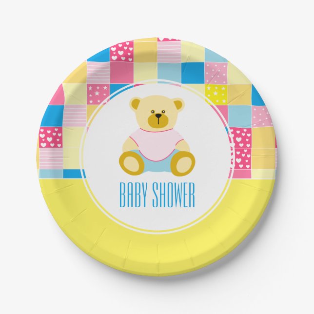 Patchwork Gold Bear, Baby Shower Paper Plate (Front)