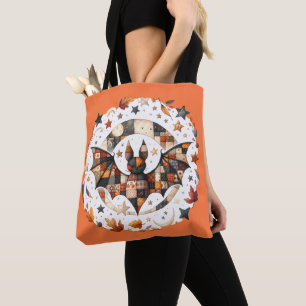 Patchwork Halloween Bat in Autumn Colors Tote Bag