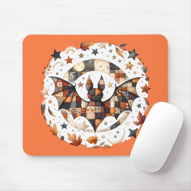 Patchwork Halloween Bat in Autumn Colours Mouse Mat (With Mouse)