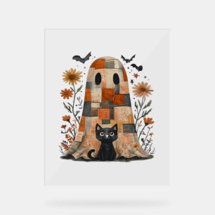 Patchwork Halloween Ghost and Cat , Retro Spooky F Acrylic Sign