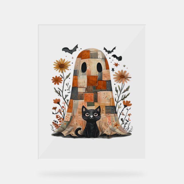 Patchwork Halloween Ghost and Cat , Retro Spooky F Acrylic Sign (Front)