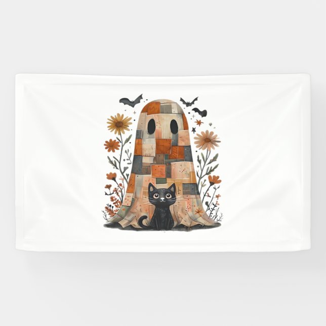 Patchwork Halloween Ghost and Cat , Retro Spooky F Banner (Horizontal)