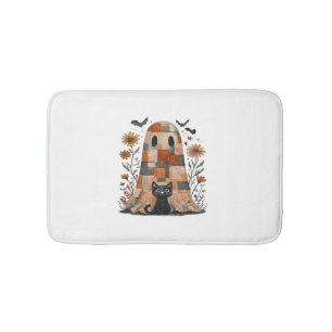 Patchwork Halloween Ghost and Cat , Retro Spooky F Bath Mat