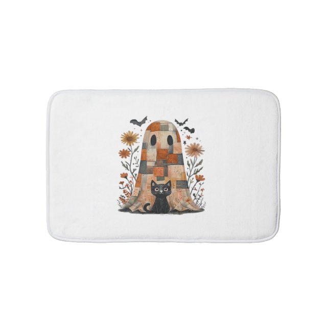 Patchwork Halloween Ghost and Cat , Retro Spooky F Bath Mat (Front)