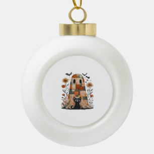 Patchwork Halloween Ghost and Cat , Retro Spooky F Ceramic Ball Christmas Ornament