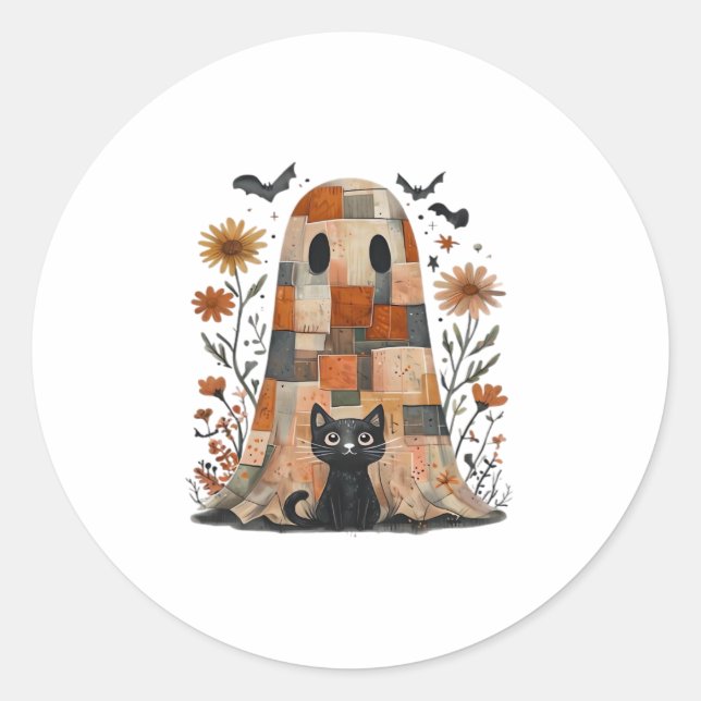 Patchwork Halloween Ghost and Cat , Retro Spooky F Classic Round Sticker (Front)
