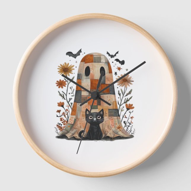 Patchwork Halloween Ghost and Cat , Retro Spooky F Clock (Front)