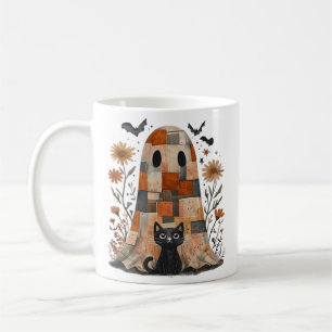 Patchwork Halloween Ghost and Cat , Retro Spooky F Coffee Mug