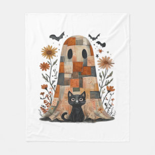 Patchwork Halloween Ghost and Cat , Retro Spooky F Fleece Blanket