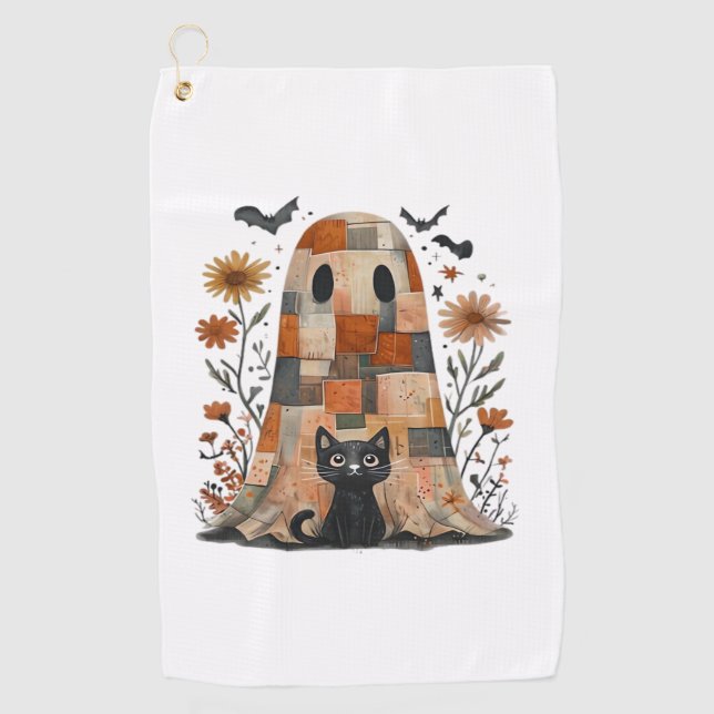 Patchwork Halloween Ghost and Cat , Retro Spooky F Golf Towel (Front)