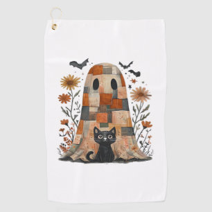 Patchwork Halloween Ghost and Cat , Retro Spooky F Golf Towel