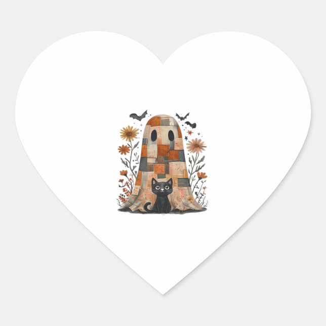Patchwork Halloween Ghost and Cat , Retro Spooky F Heart Sticker (Front)