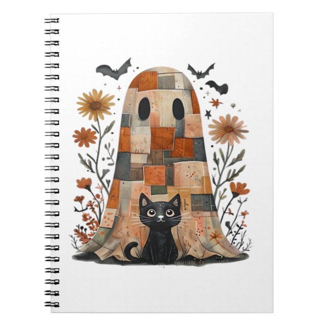 Patchwork Halloween Ghost and Cat , Retro Spooky F Notebook (Front)