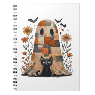 Patchwork Halloween Ghost and Cat , Retro Spooky F Notebook