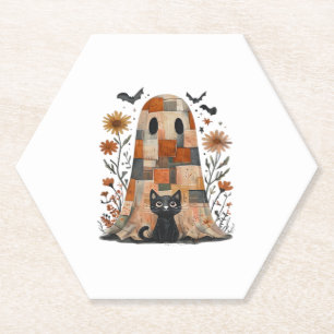 Patchwork Halloween Ghost and Cat , Retro Spooky F Paper Coaster