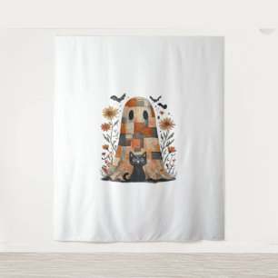 Patchwork Halloween Ghost and Cat , Retro Spooky F Tapestry