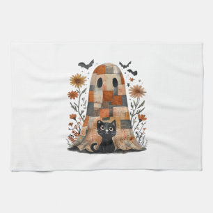 Patchwork Halloween Ghost and Cat , Retro Spooky F Tea Towel