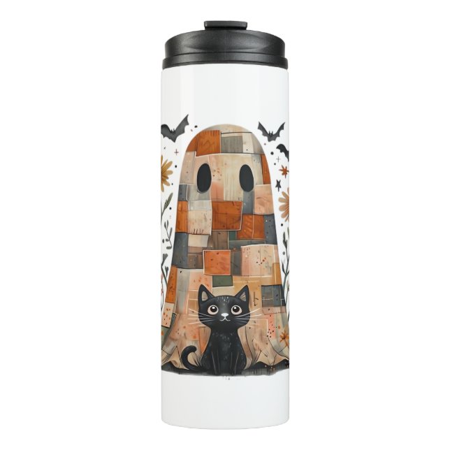 Patchwork Halloween Ghost and Cat , Retro Spooky F Thermal Tumbler (Front)
