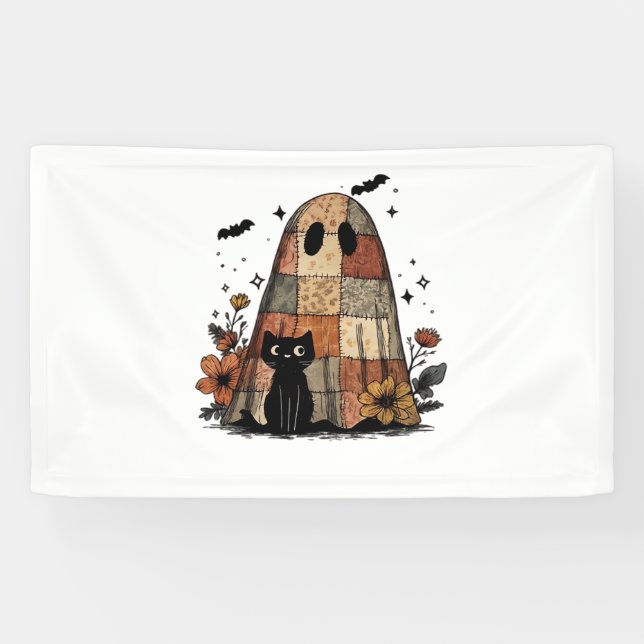 Patchwork Halloween Ghost black cat Essential T-Sh Banner (Horizontal)