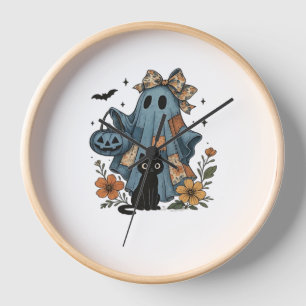 Patchwork Halloween Ghost black Cat Essential T-Sh Clock