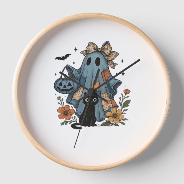 Patchwork Halloween Ghost black Cat Essential T-Sh Clock (Front)