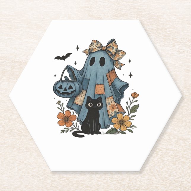 Patchwork Halloween Ghost black Cat Essential T-Sh Paper Coaster (Front)