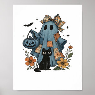 Patchwork Halloween Ghost black Cat Essential T-Sh Poster