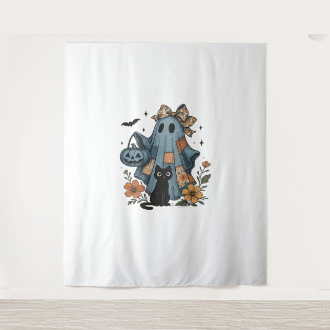 Patchwork Halloween Ghost black Cat Essential T-Sh Tapestry (Front)