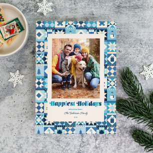 Patchwork Happiest Holidays Shades of Blue Photo Holiday Card