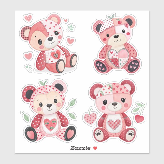 Patchwork Heart Teddy Bears Stickers (Sheet)