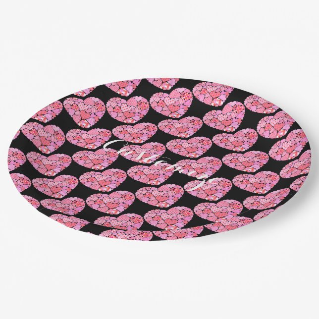 Patchwork Hearts Black Paper Plates (Angled)