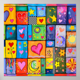 Patchwork Hearts Quilt Colourful Folk Art Print