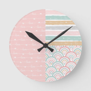 Patchwork Hearts Rainbows - Cute Pastel Wall Clock