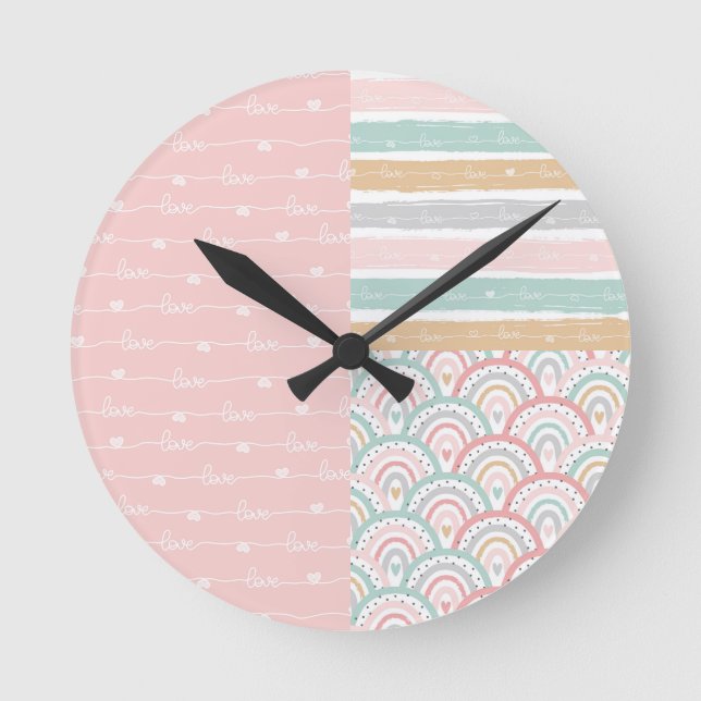 Patchwork Hearts Rainbows - Cute Pastel Wall Clock (Front)