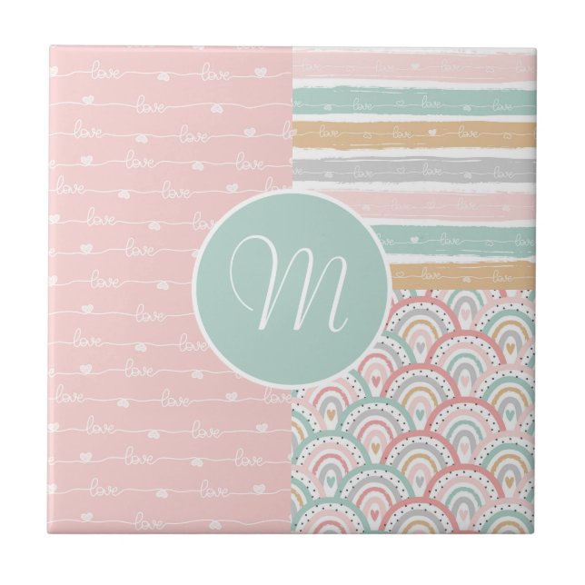 Patchwork Hearts Rainbows - Monogram Ceramic Tile (Front)