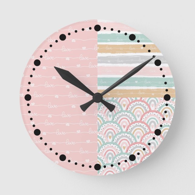 Patchwork Hearts Rainbows Pastel Pink Wall Clock (Front)