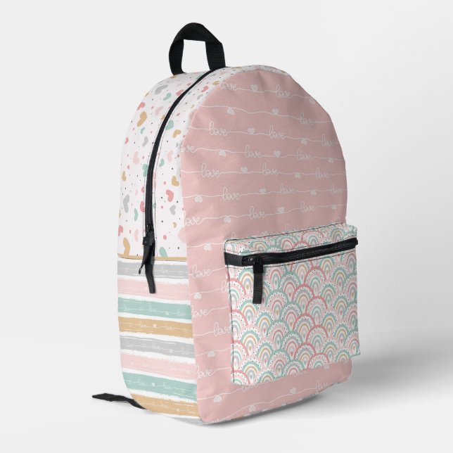 Patchwork Hearts Rainbows Printed Backpack      (Back Corner Left)