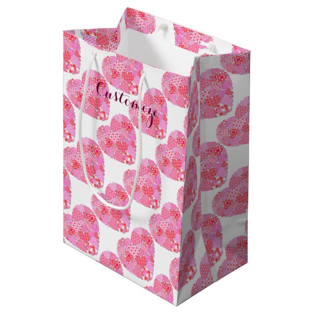 Patchwork Hearts White Gift Bag (Front Angled)