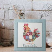 Patchwork Hen and Blue Polka Dots Ceramic Tile